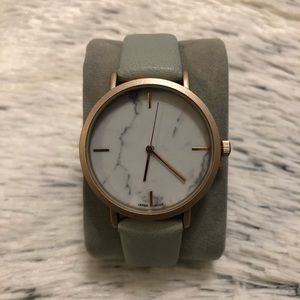 White marble face rose gold and pastel blue watch